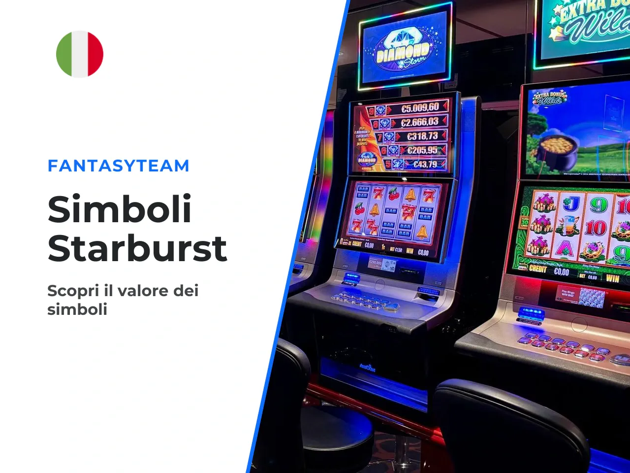 I simboli e il loro valore. L'alfabeto visivo di Starburst si divide in gemme spaziali, numero 7 e cartello BAR. I gioielli (viola, blu, arancione, verde, giallo) gestiscono le categorie di pagamento